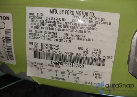 2020 Ford Mustang Ecoboost Fastback from USA, damaged, VIN 1FA6P8TH5L5182460